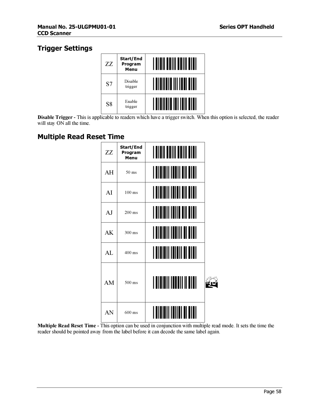 Opticon OPT-6125 user manual Trigger Settings, Multiple Read Reset Time 