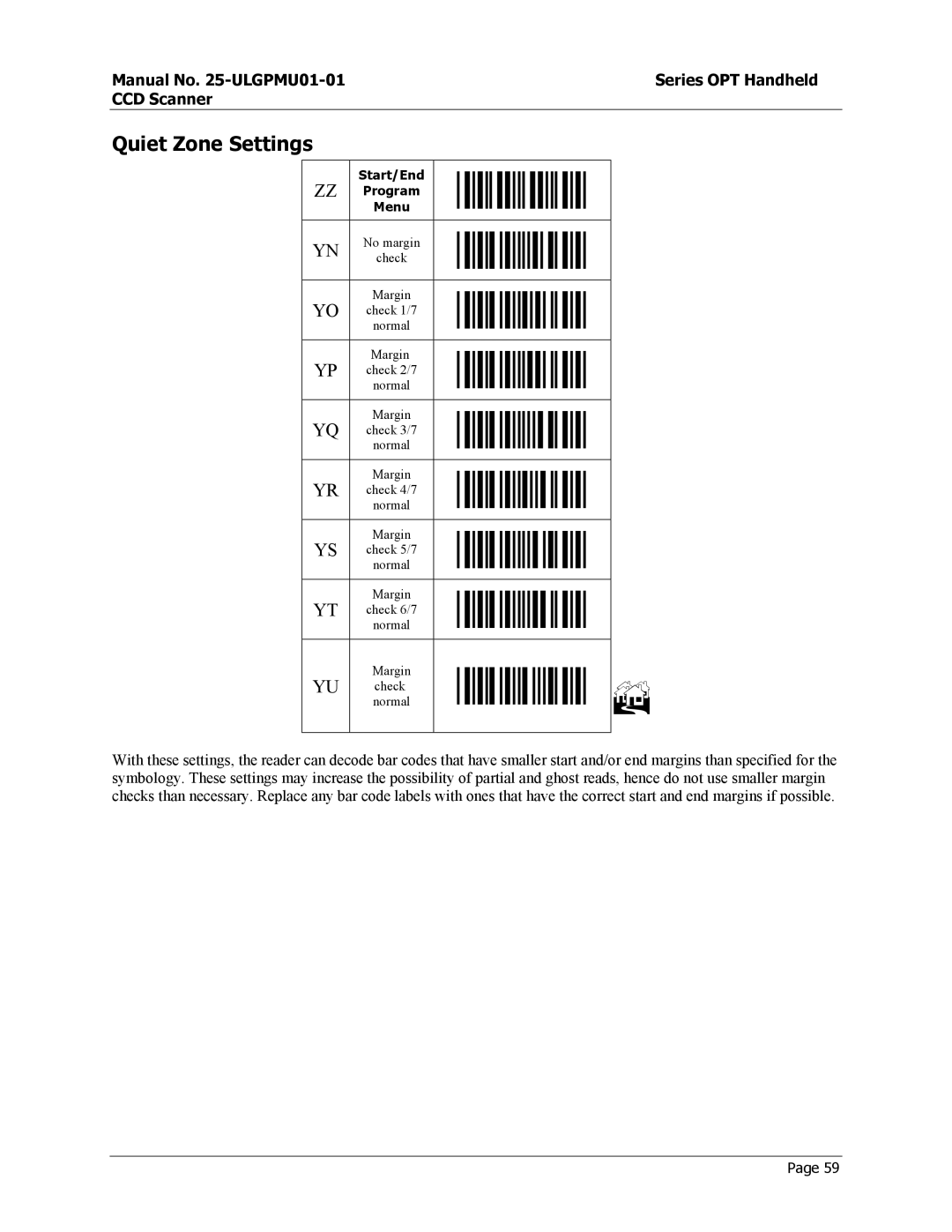 Opticon OPT-6125 user manual Quiet Zone Settings 