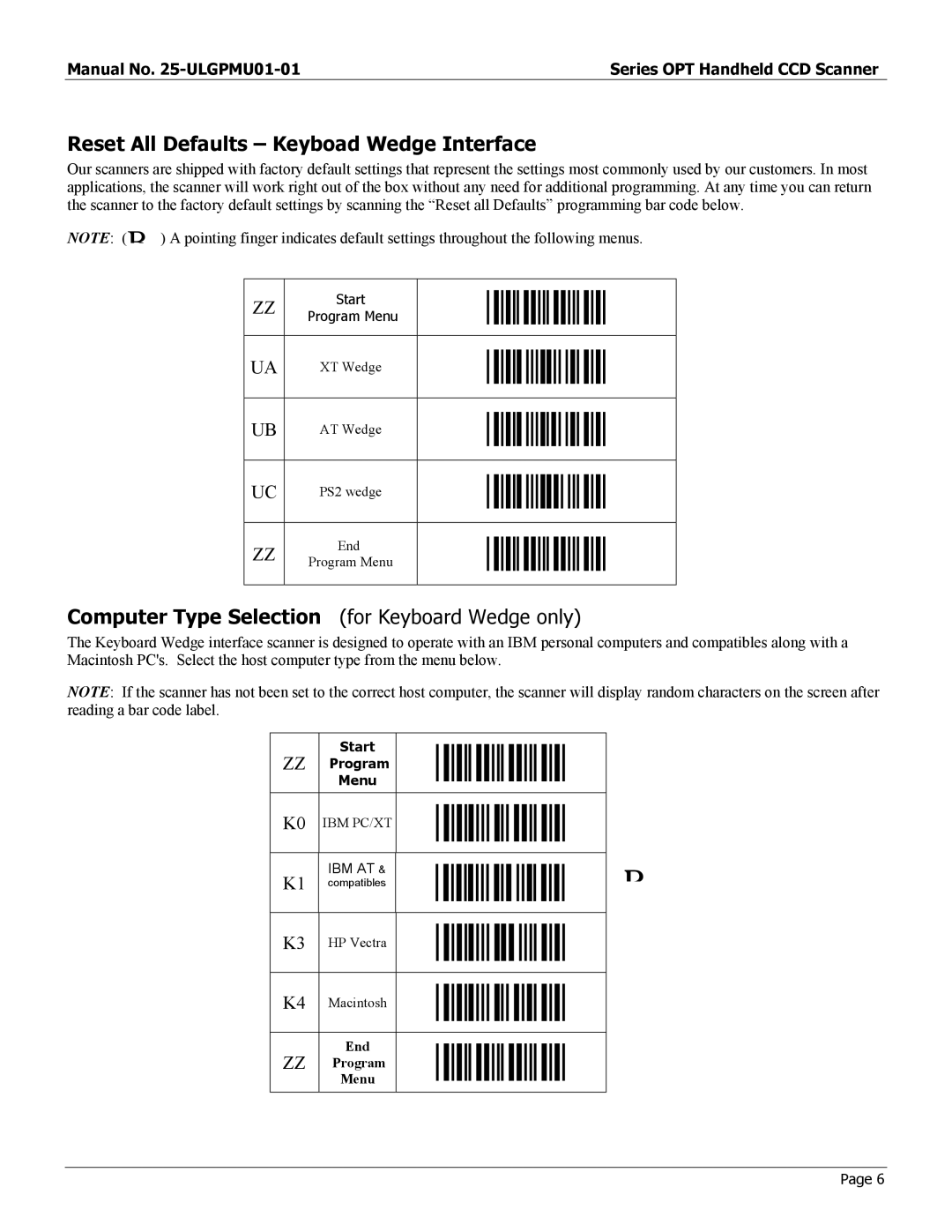 Opticon OPT-6125 user manual Reset All Defaults Keyboad Wedge Interface, Computer Type Selection for Keyboard Wedge only 