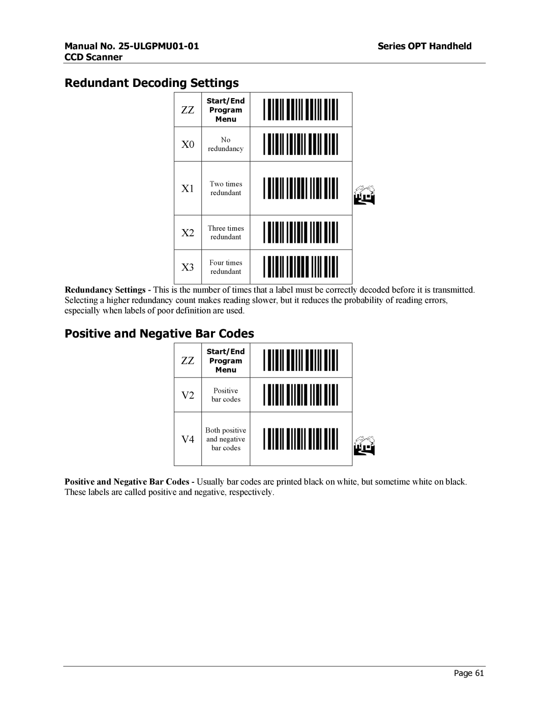 Opticon OPT-6125 user manual Redundant Decoding Settings, Positive and Negative Bar Codes 