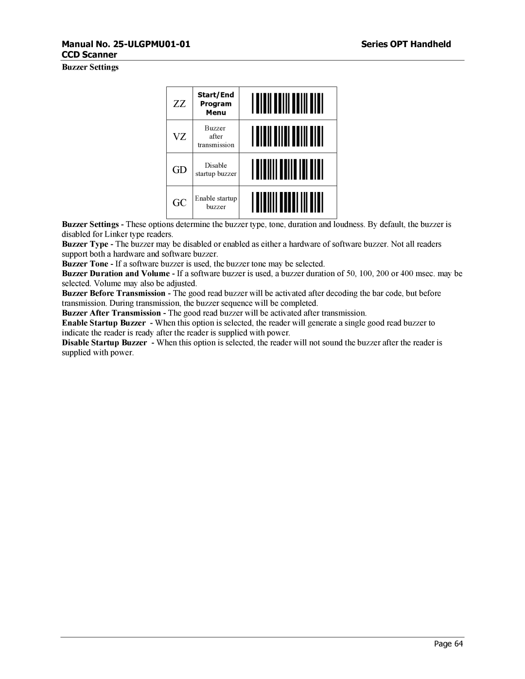 Opticon OPT-6125 user manual Buzzer Settings 