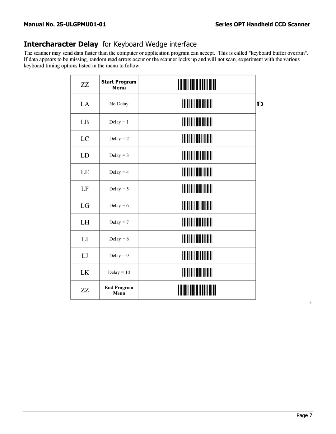 Opticon OPT-6125 user manual Intercharacter Delay for Keyboard Wedge interface 