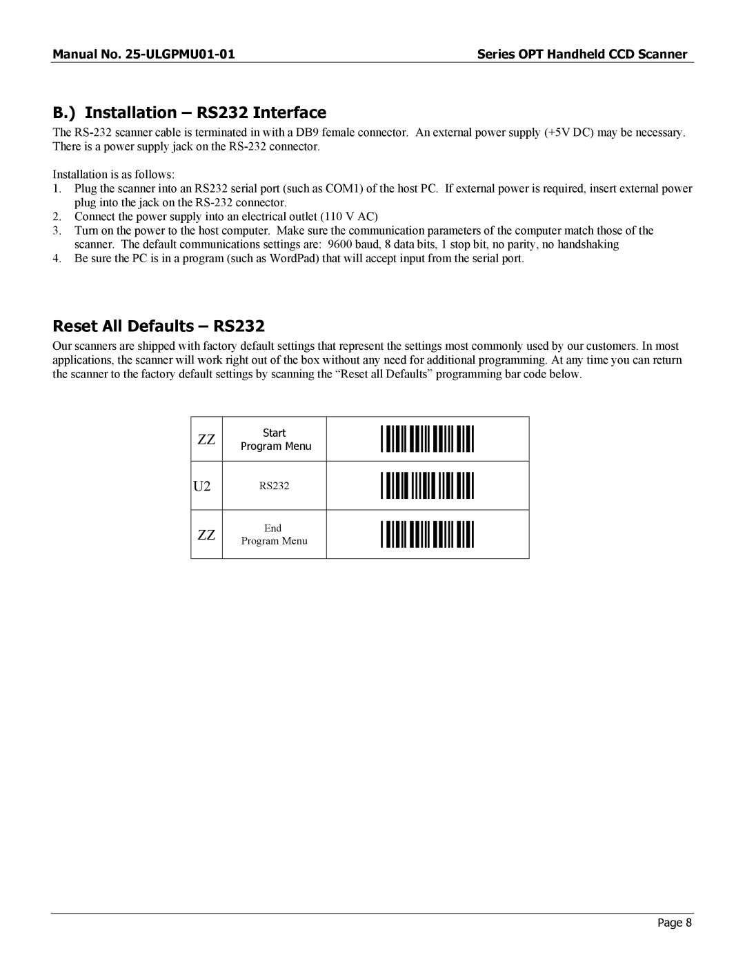 Opticon OPT-6125 user manual Installation RS232 Interface, Reset All Defaults RS232 