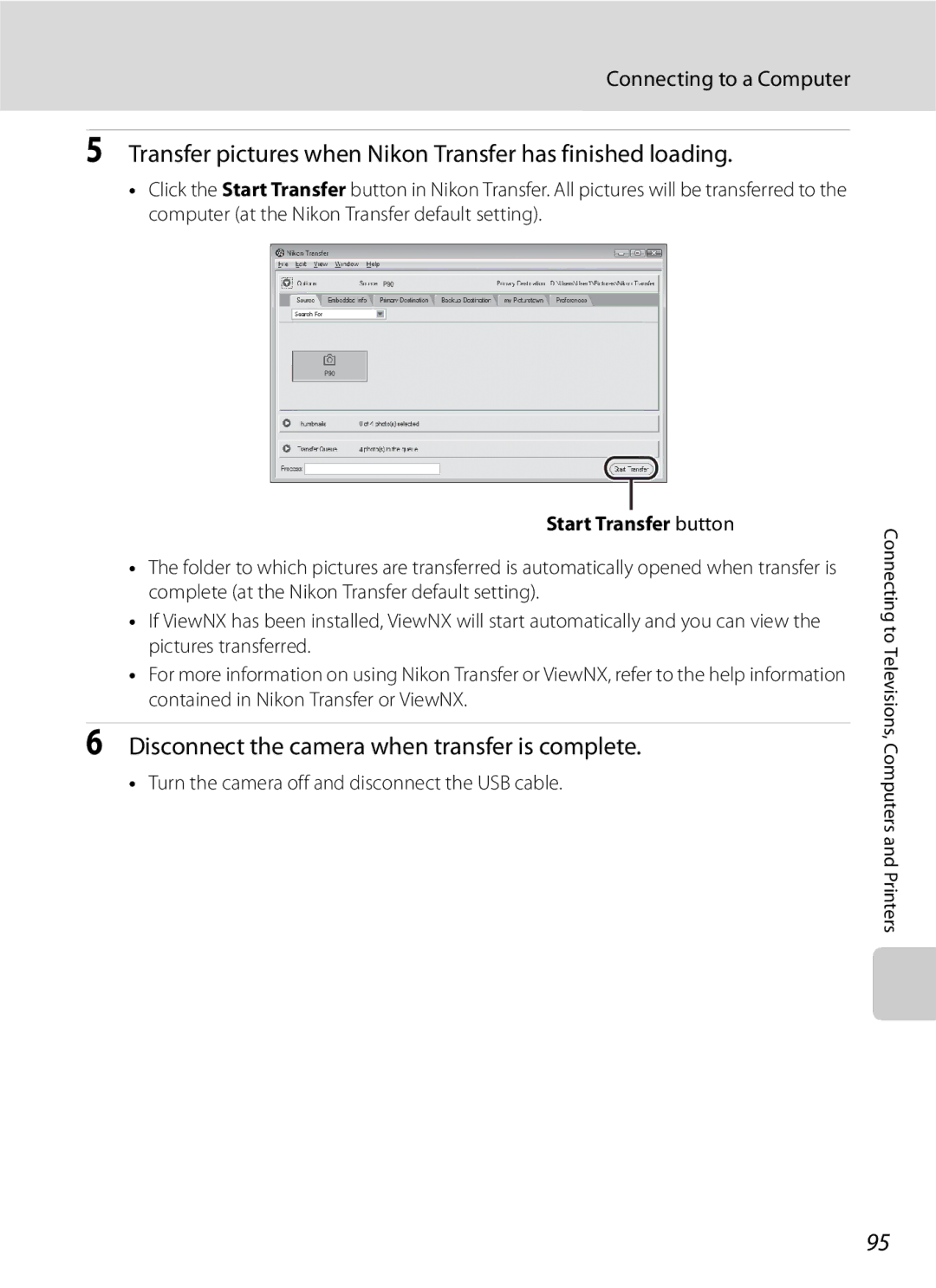 Optima Batteries P90 manual Transfer pictures when Nikon Transfer has finished loading, Start Transfer button 