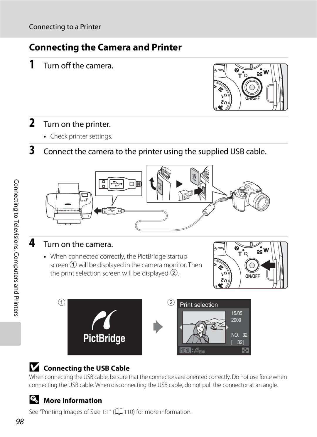 Optima Batteries P90 Connecting the Camera and Printer, Turn off the camera Turn on the printer, Connecting to a Printer 