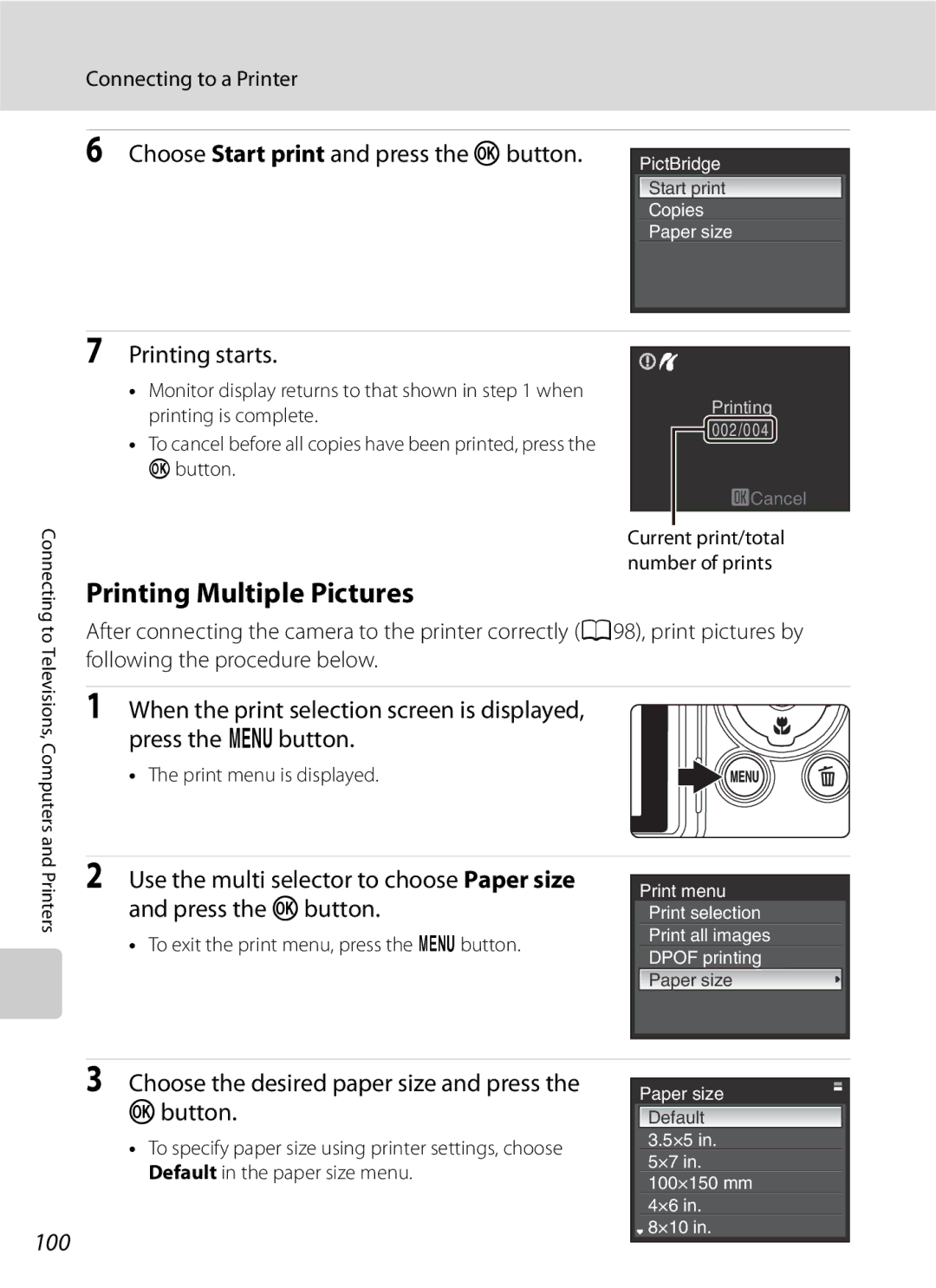 Optima Batteries P90 manual Printing Multiple Pictures, Printing starts, 100, Print menu is displayed 