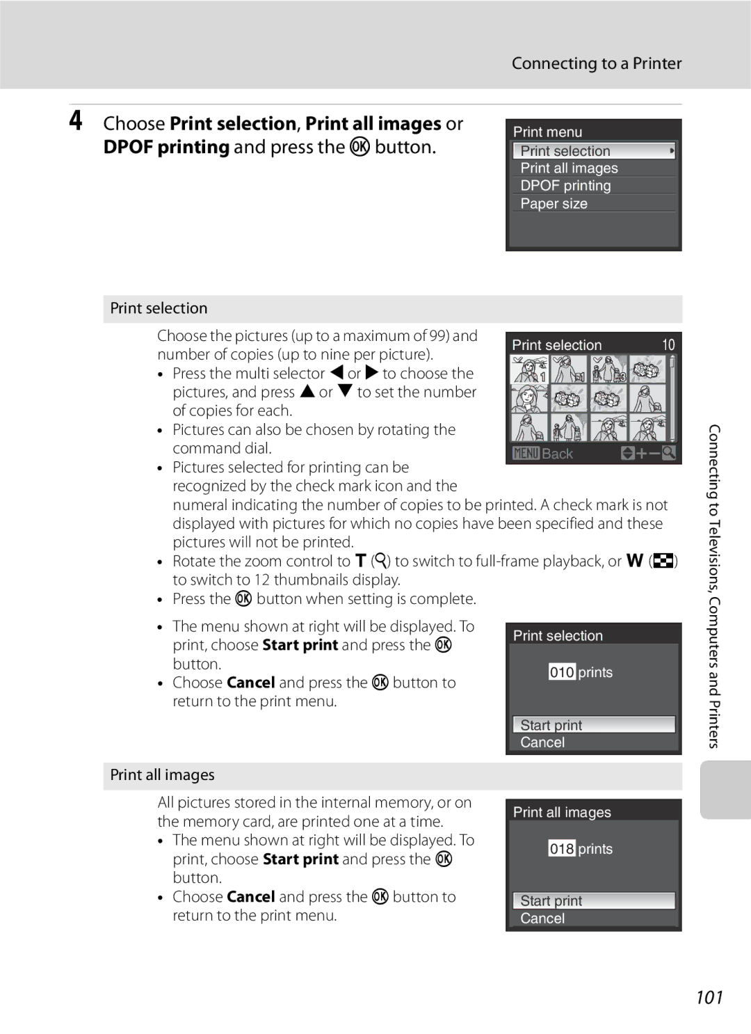 Optima Batteries P90 manual 101, Print selection, Print, choose Start print and press the k Button, Print all images 