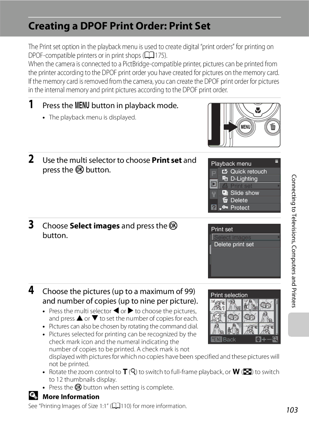 Optima Batteries P90 manual Creating a Dpof Print Order Print Set, Press the dbutton in playback mode, 103 