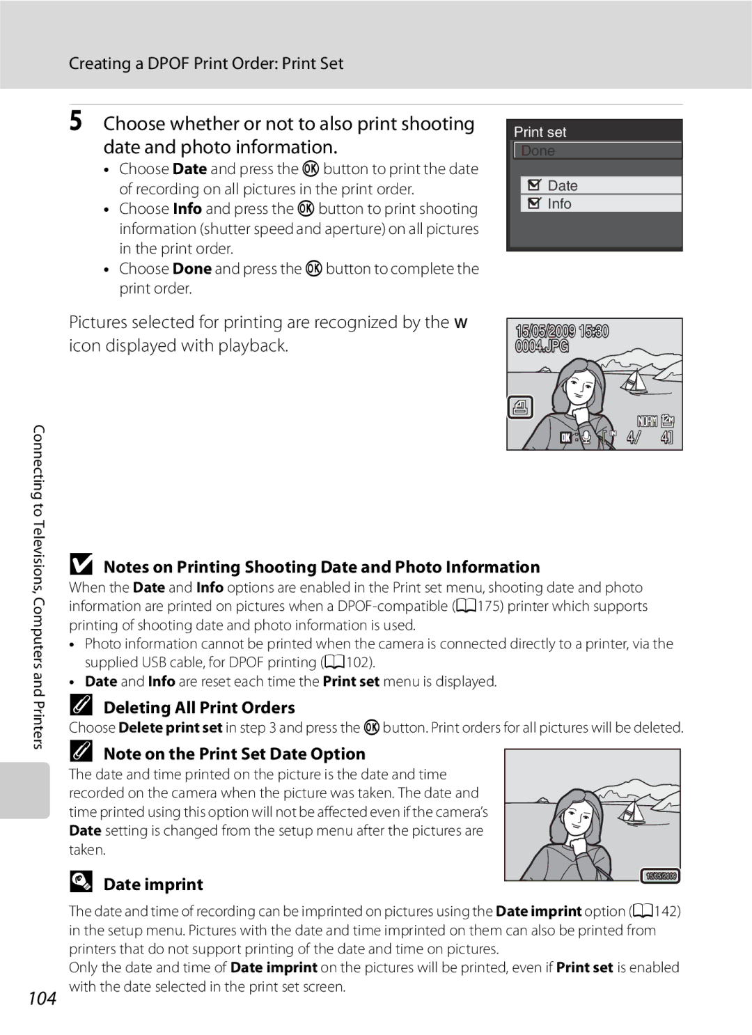 Optima Batteries P90 manual Creating a Dpof Print Order Print Set, Deleting All Print Orders, Date imprint 