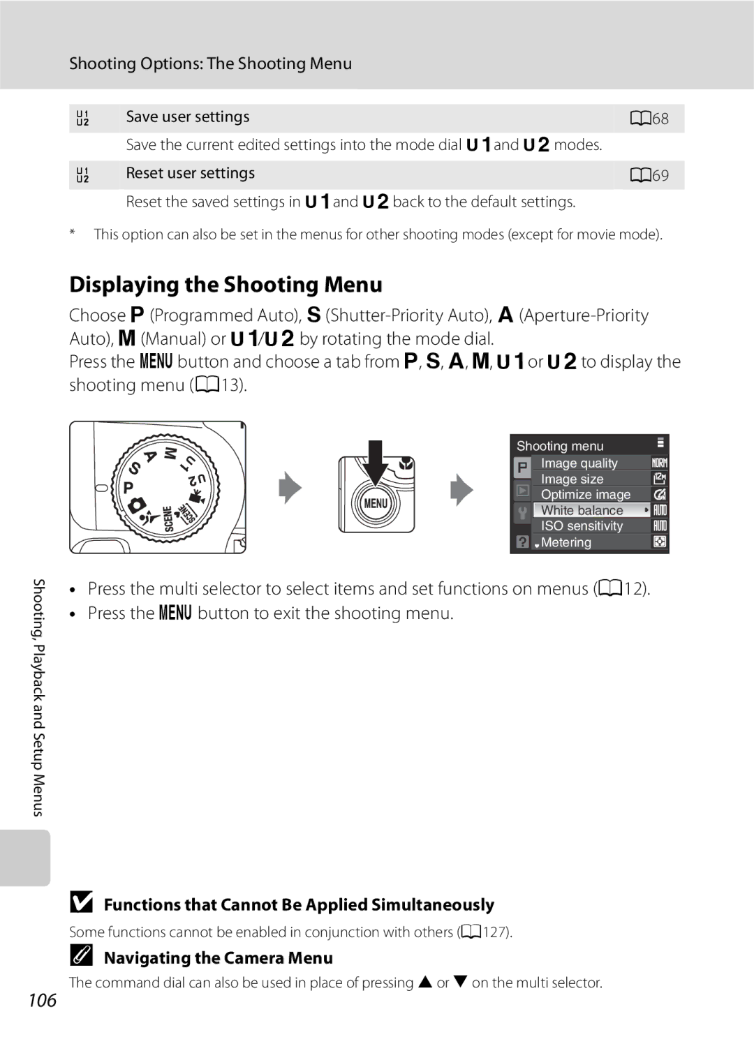 Optima Batteries P90 Displaying the Shooting Menu, 106, Shooting Options The Shooting Menu, Navigating the Camera Menu 