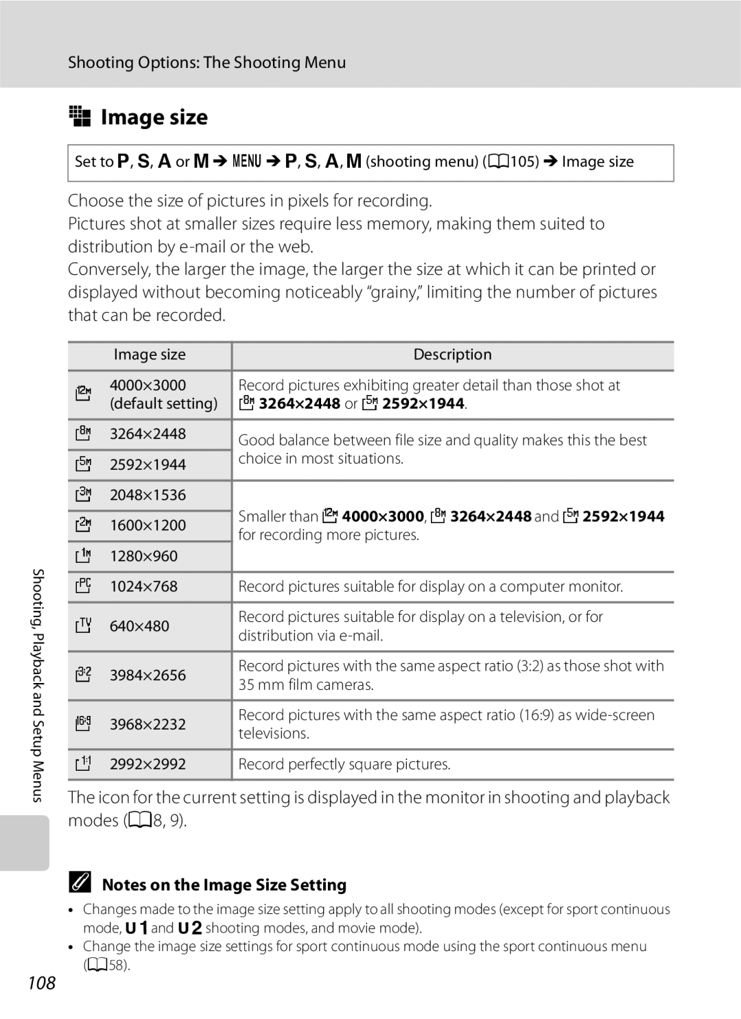 Optima Batteries P90 manual Image size, 108, 3264×2448 or D 2592×1944 