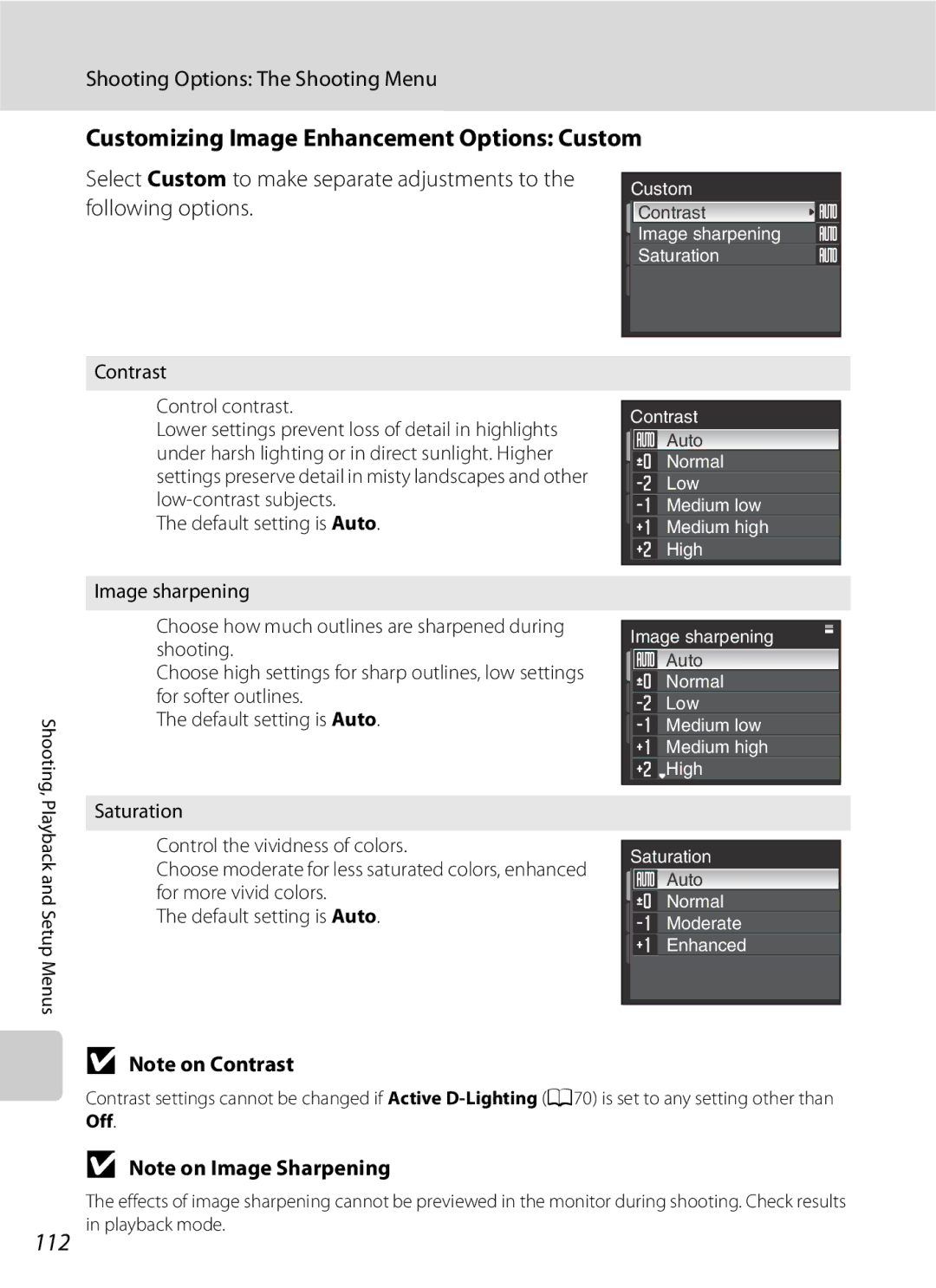 Optima Batteries P90 manual Customizing Image Enhancement Options Custom, 112, Contrast Control contrast 