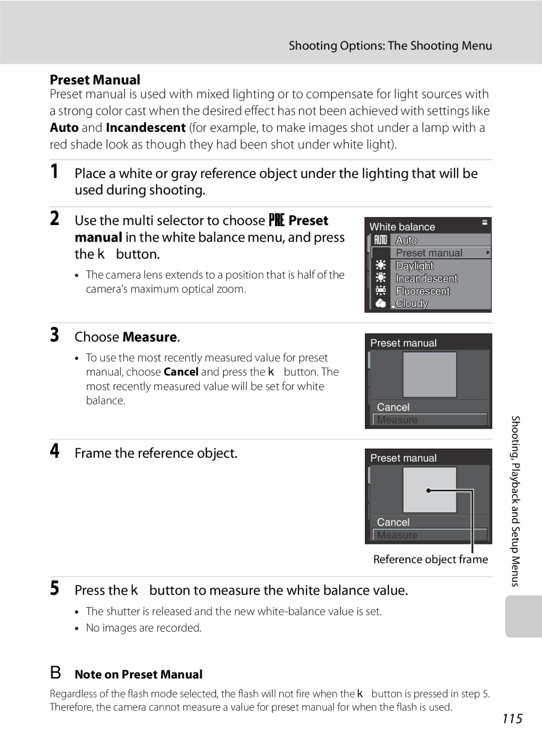 Optima Batteries P90 manual Preset Manual, Choose Measure, Frame the reference object, 115 