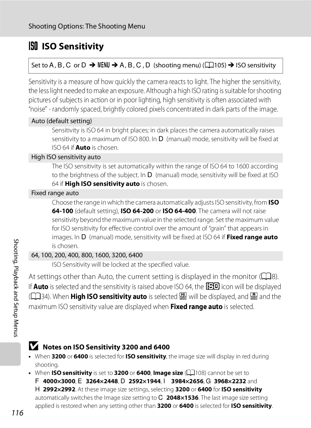 Optima Batteries P90 manual ISO Sensitivity, 116, Fixed range auto 