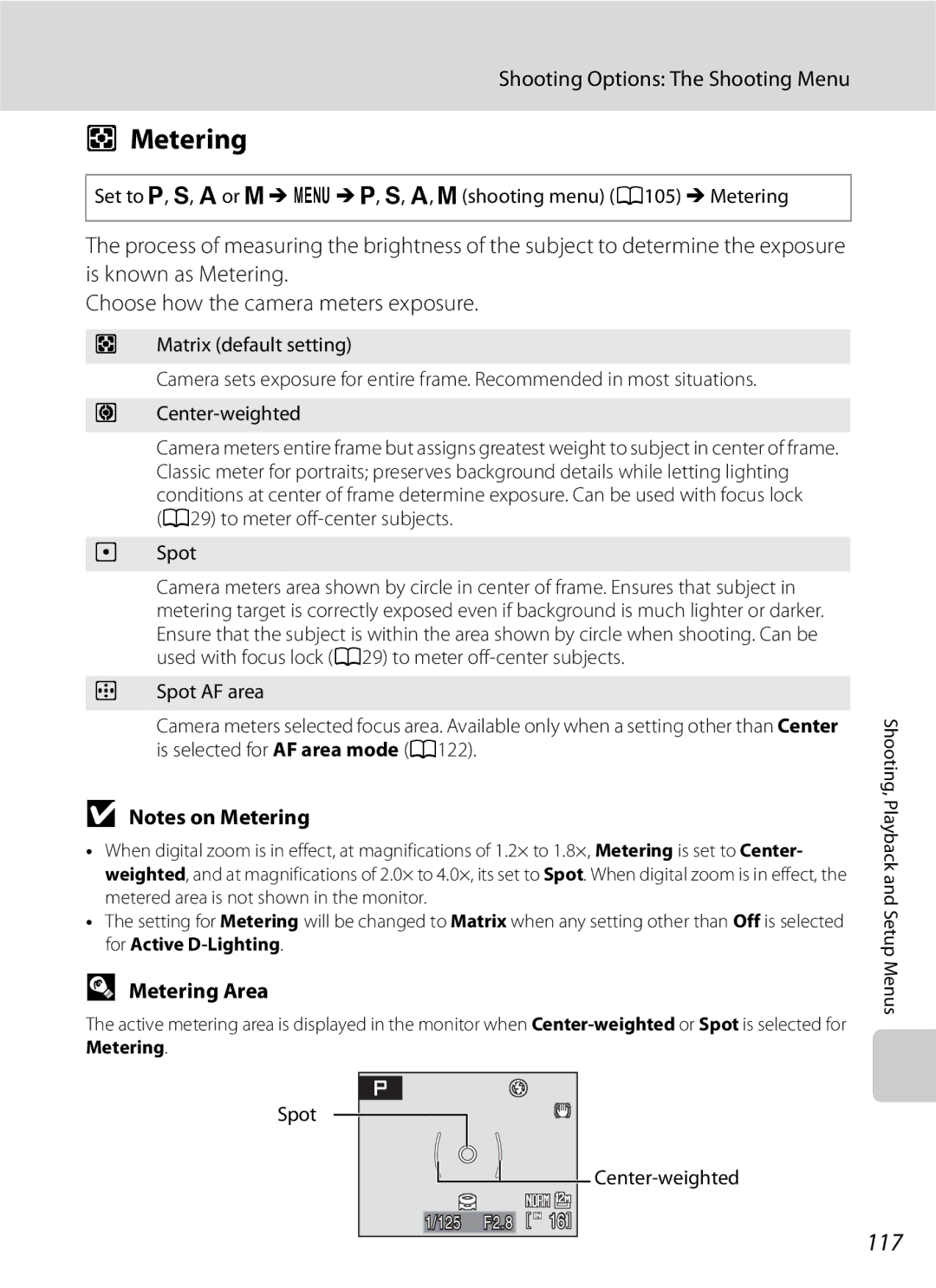 Optima Batteries P90 manual 117, Is known as Metering Choose how the camera meters exposure, Metering Area 