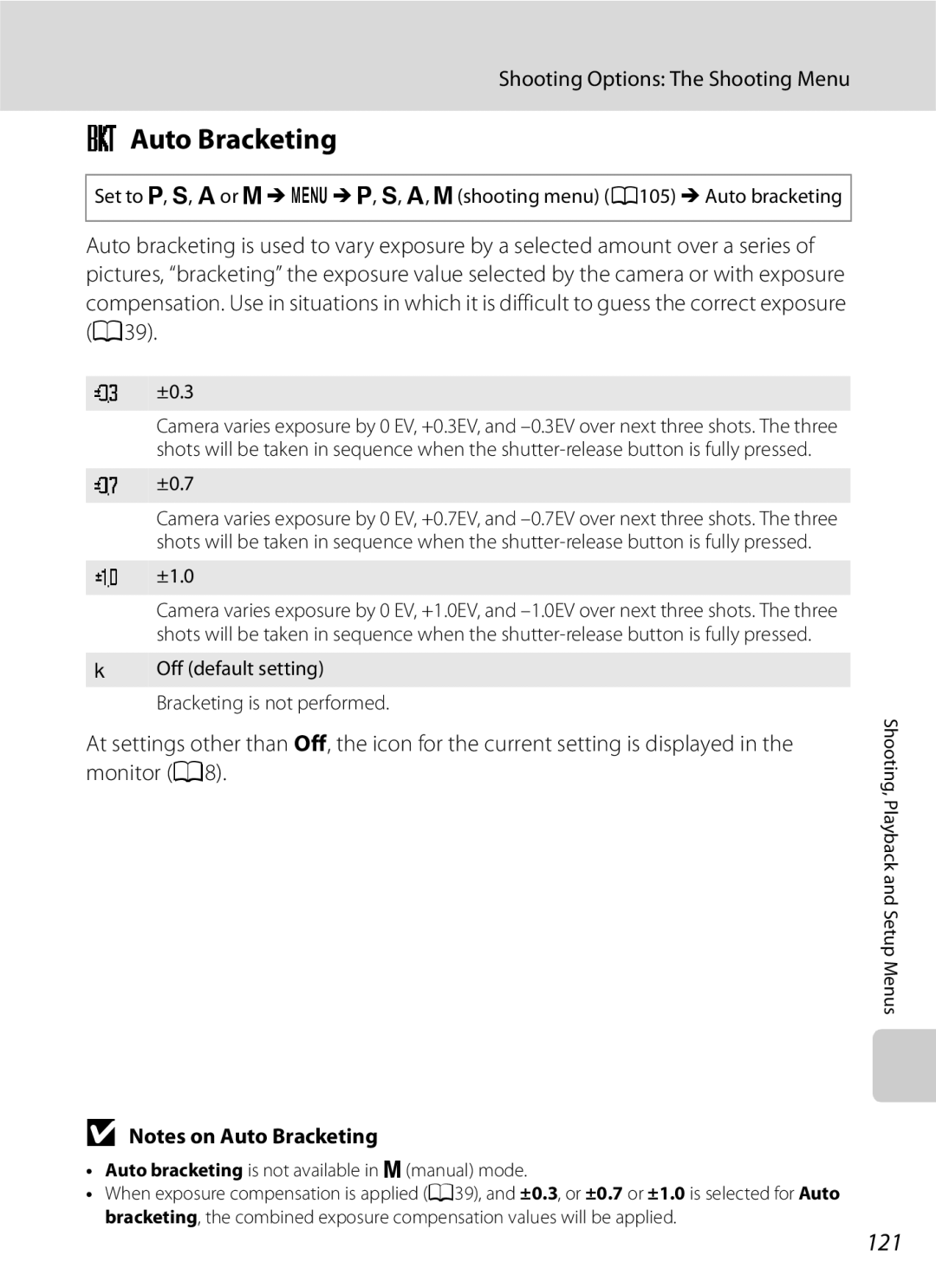 Optima Batteries P90 manual Auto Bracketing, 121, ±0.3, ±0.7, ±1.0 