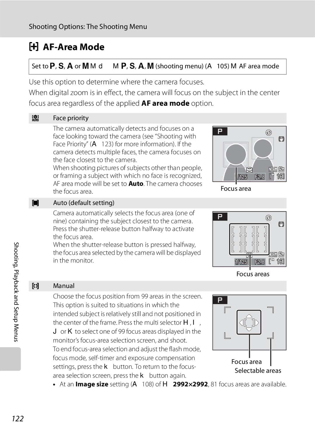 Optima Batteries P90 manual AF-Area Mode, 122, Face priority Camera automatically detects and focuses on a, Focus area 