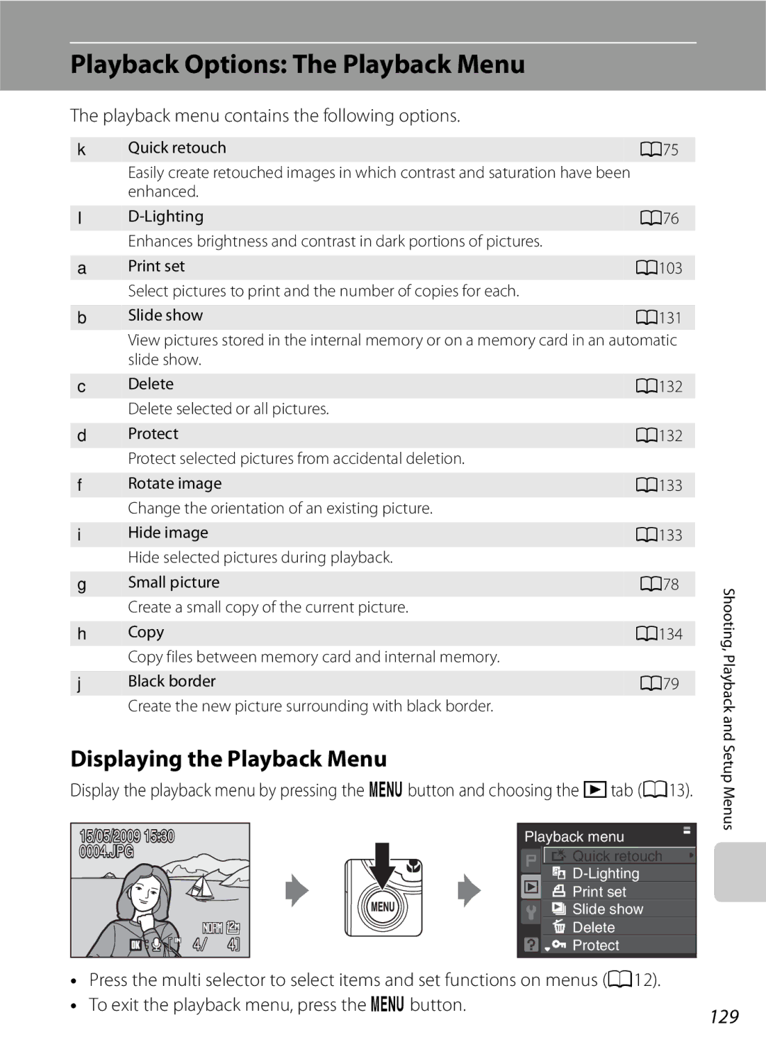 Optima Batteries P90 manual Playback Options The Playback Menu, Displaying the Playback Menu, 129, Quick retouch A75 