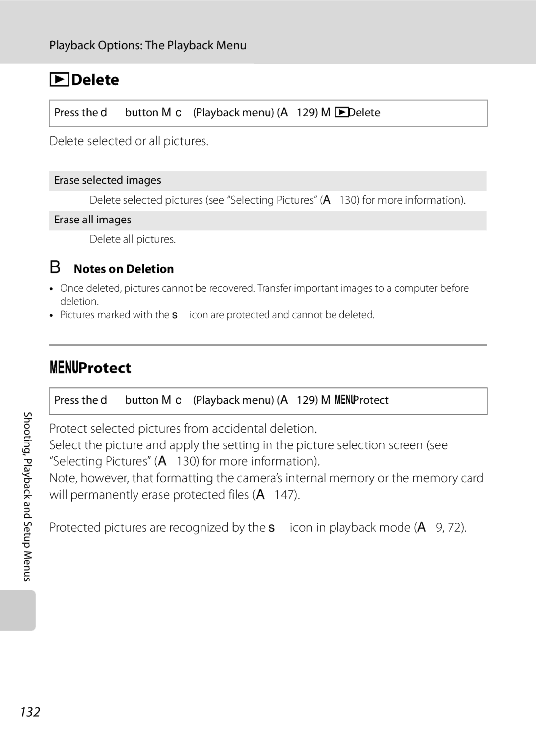 Optima Batteries P90 manual Protect, 132, Delete selected or all pictures 