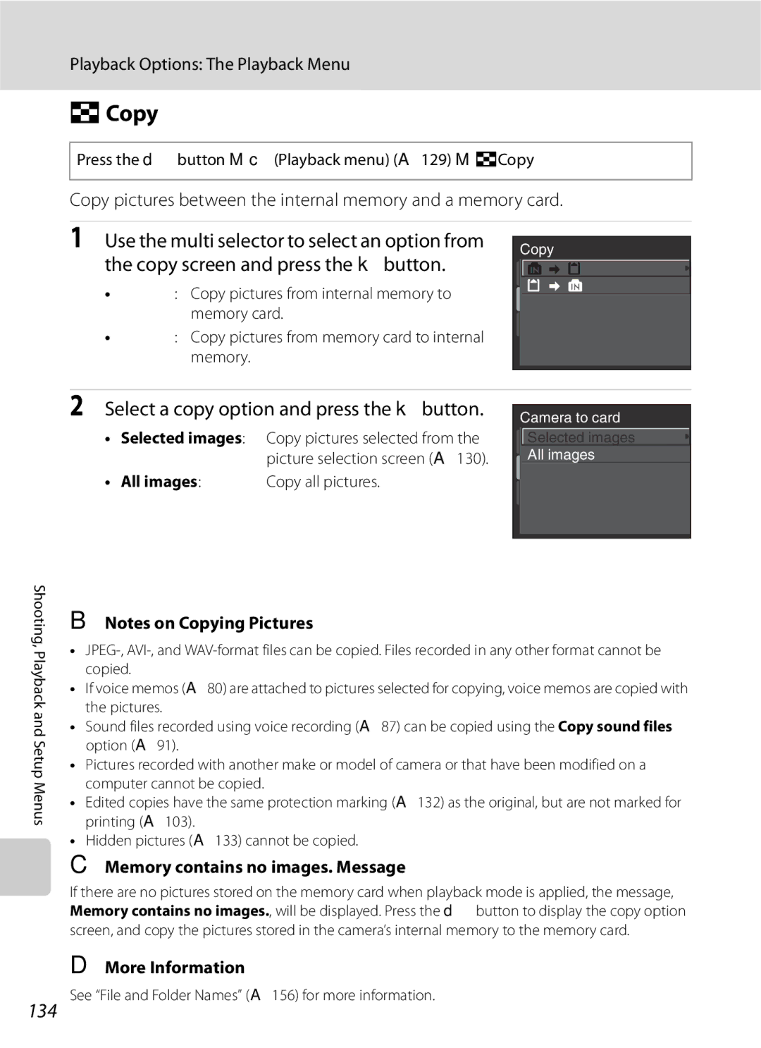 Optima Batteries P90 manual 134, Memory contains no images. Message, Press the dbutton McPlayback menu A129 MhCopy 