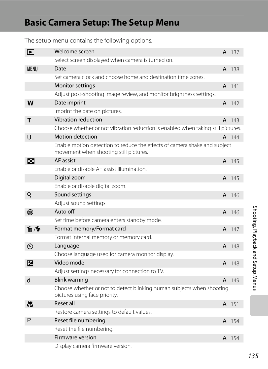 Optima Batteries P90 manual Basic Camera Setup The Setup Menu, 135, Setup menu contains the following options 