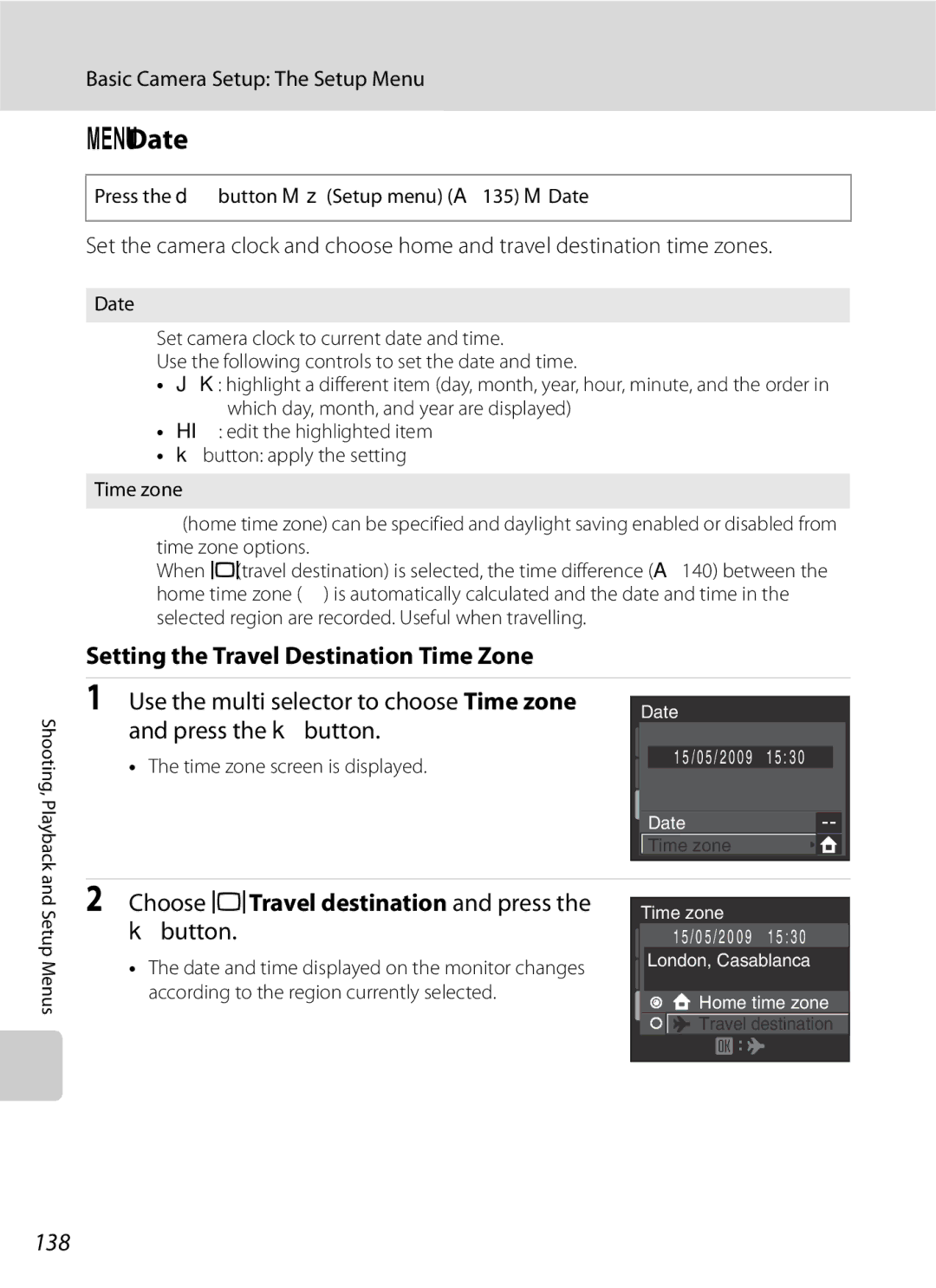 Optima Batteries P90 manual Date, Setting the Travel Destination Time Zone, Use the multi selector to choose Time zone, 138 