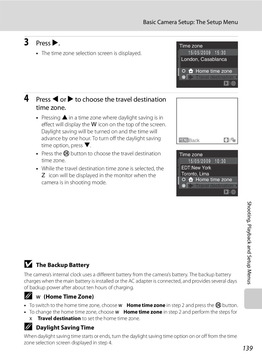 Optima Batteries P90 manual Press K, Press Jor Kto choose the travel destination time zone, 139, Home Time Zone 