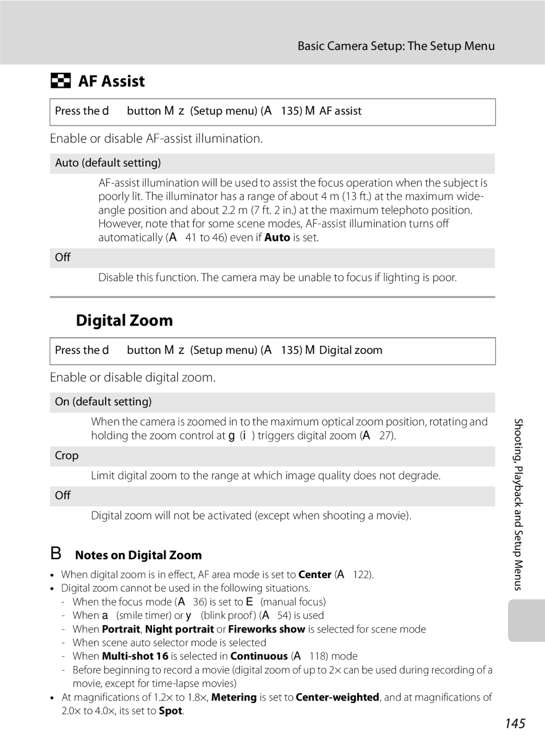 Optima Batteries P90 manual AF Assist, Digital Zoom, 145, Enable or disable AF-assist illumination 