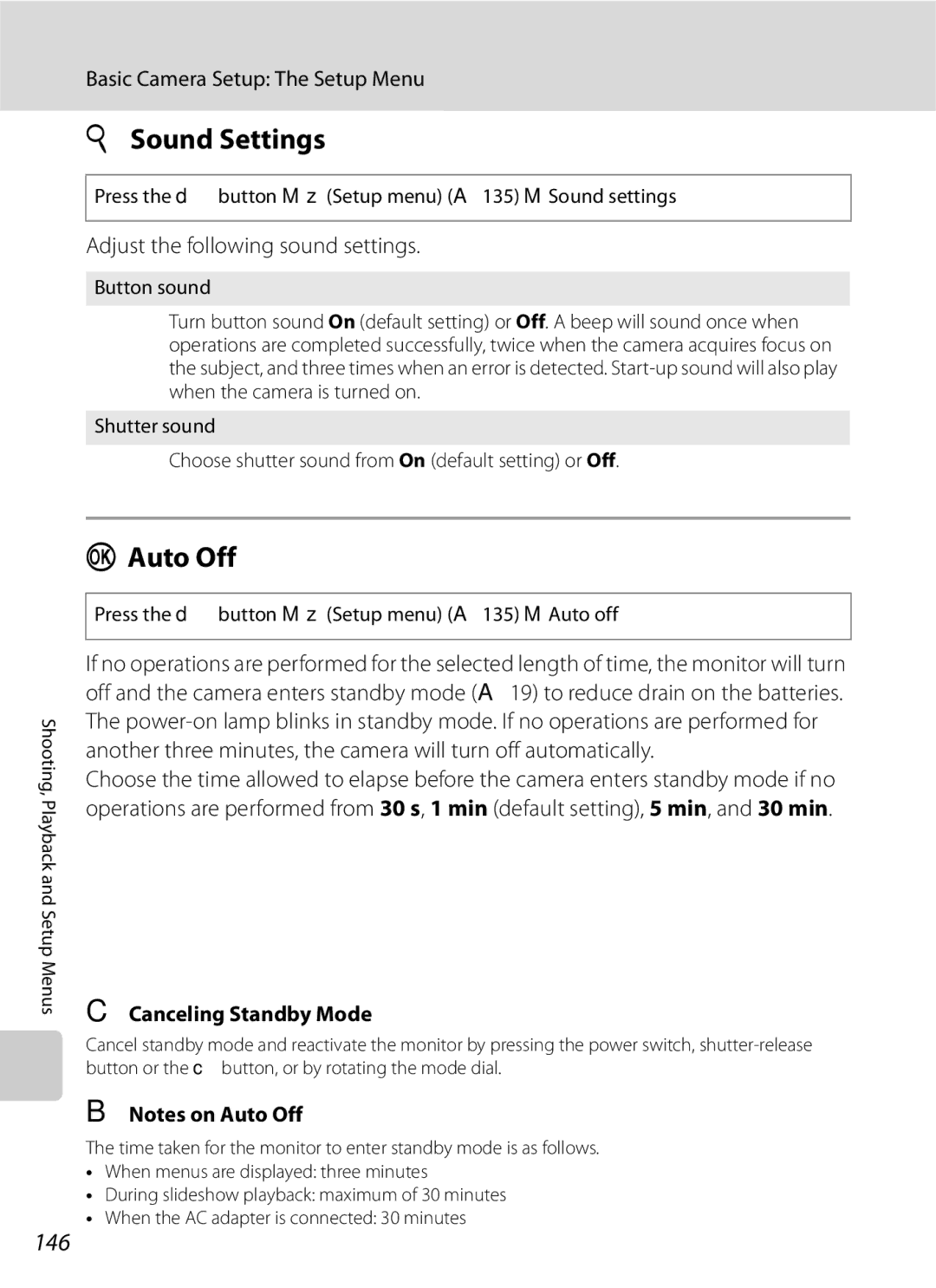 Optima Batteries P90 manual Sound Settings, Auto Off, 146, Adjust the following sound settings, Canceling Standby Mode 