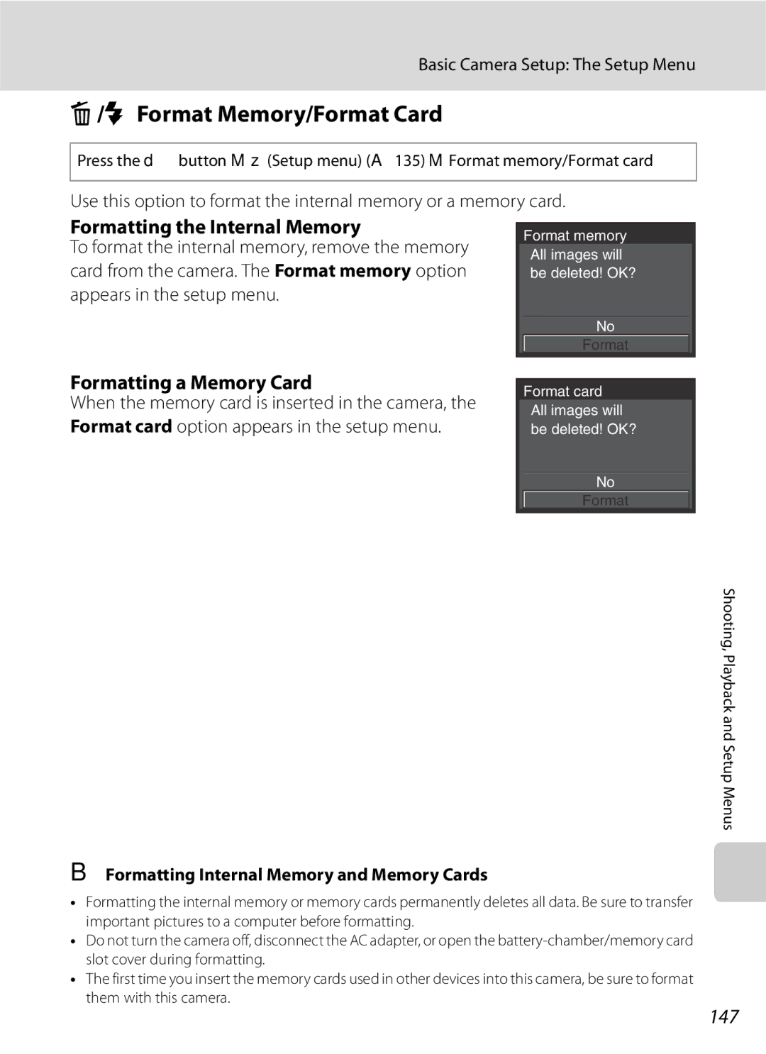 Optima Batteries P90 manual Format Memory/Format Card, Formatting the Internal Memory, Formatting a Memory Card, 147 