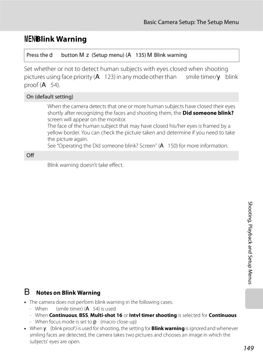 Optima Batteries P90 manual Blink Warning, 149, Press the dbutton Mz Setup menu A135 MBlink warning 