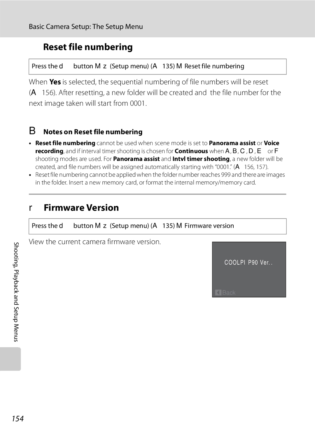 Optima Batteries P90 manual Reset file numbering, Firmware Version, 154, View the current camera firmware version 