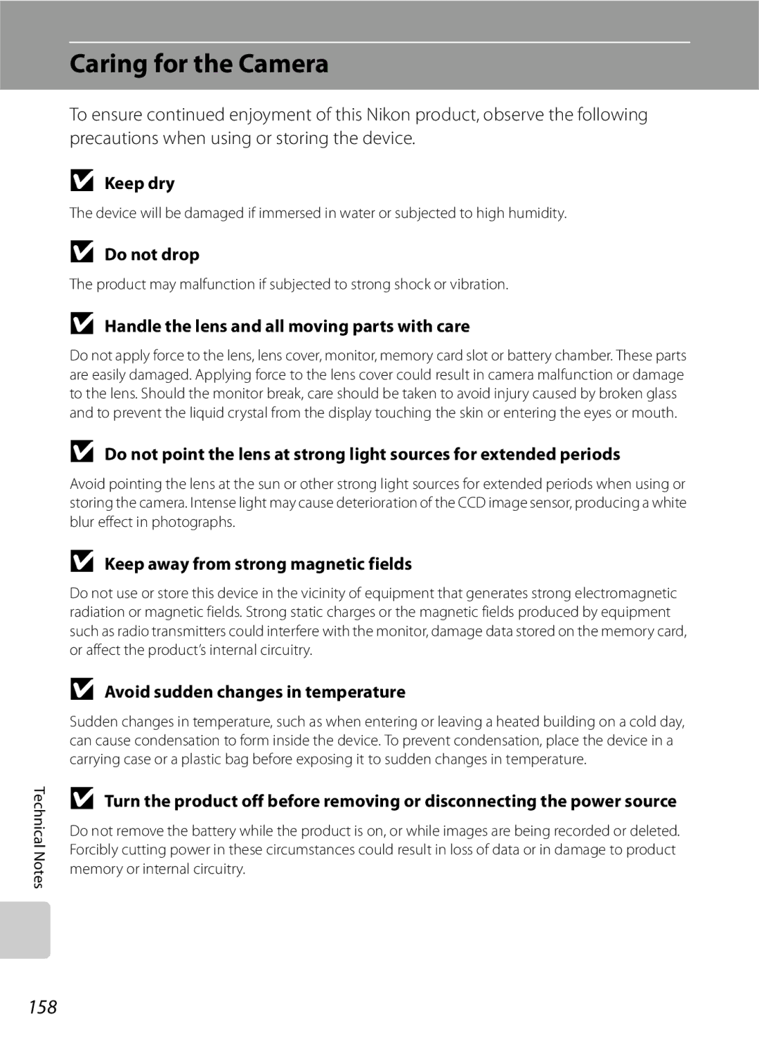 Optima Batteries P90 manual Caring for the Camera, 158 