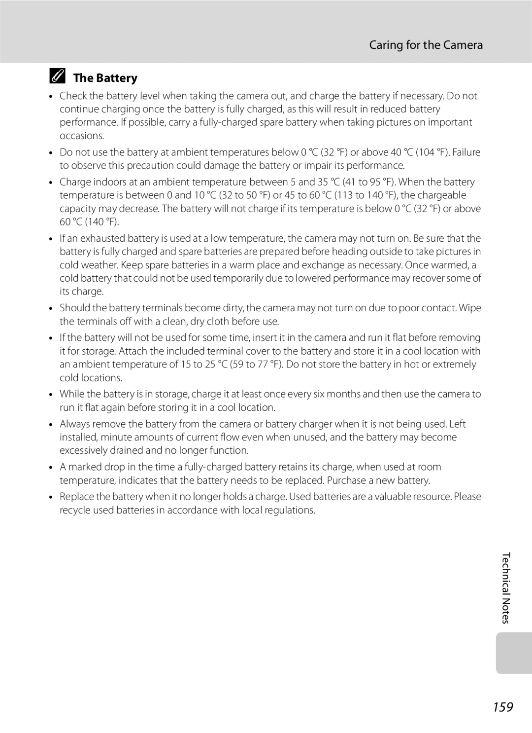 Optima Batteries P90 manual 159, Caring for the Camera, Battery 