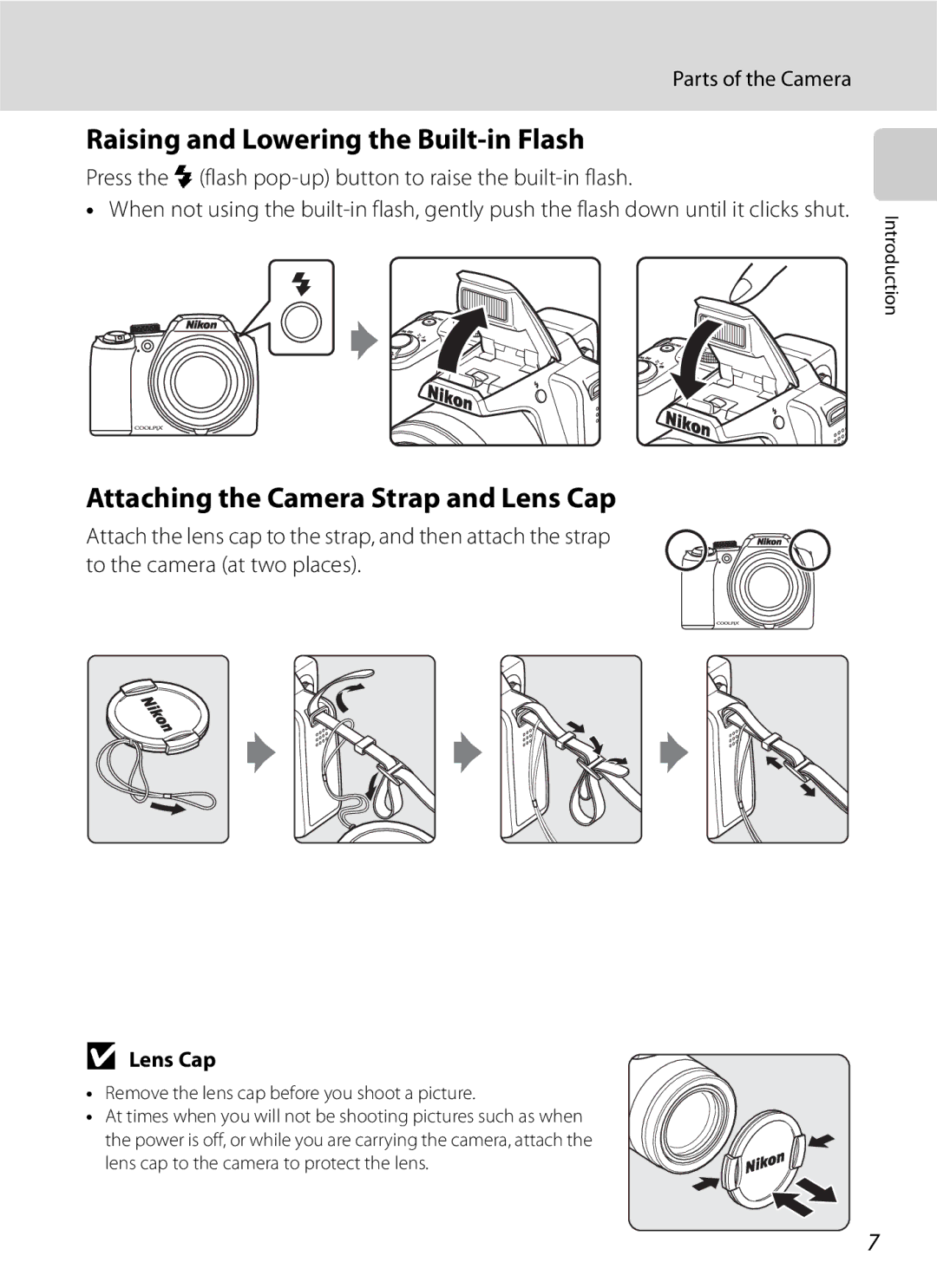 Optima Batteries P90 manual Raising and Lowering the Built-in Flash, Attaching the Camera Strap and Lens Cap 