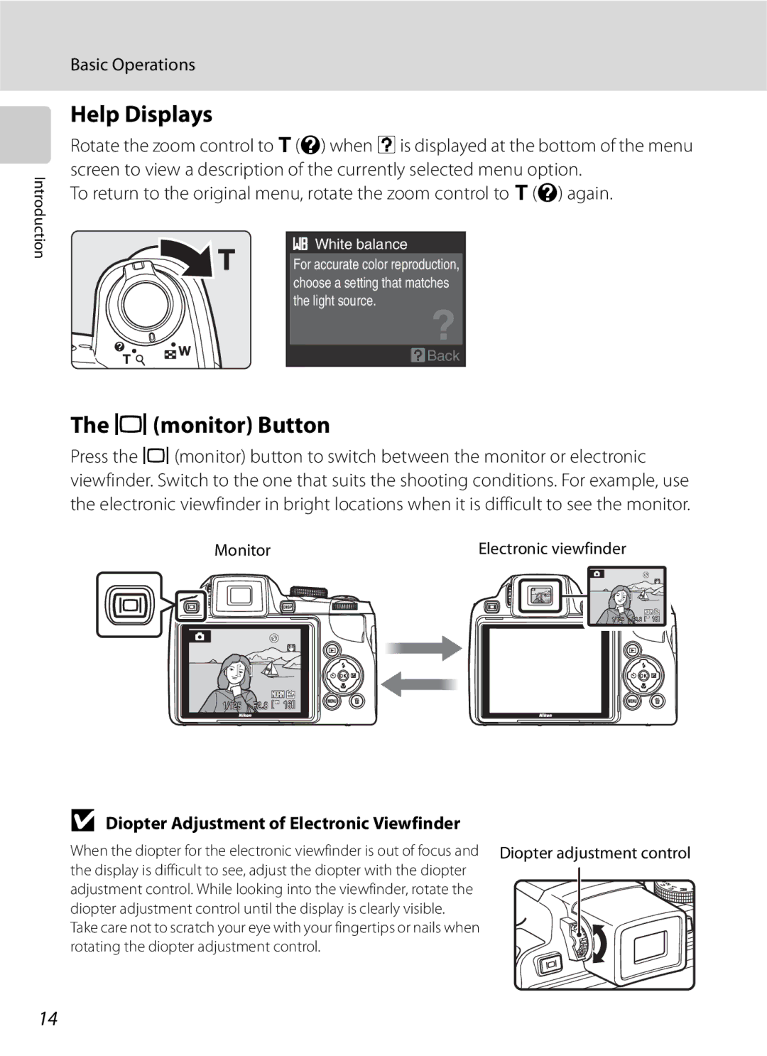 Optima Batteries P90 manual Help Displays, Xmonitor Button, Diopter Adjustment of Electronic Viewfinder, Monitor 