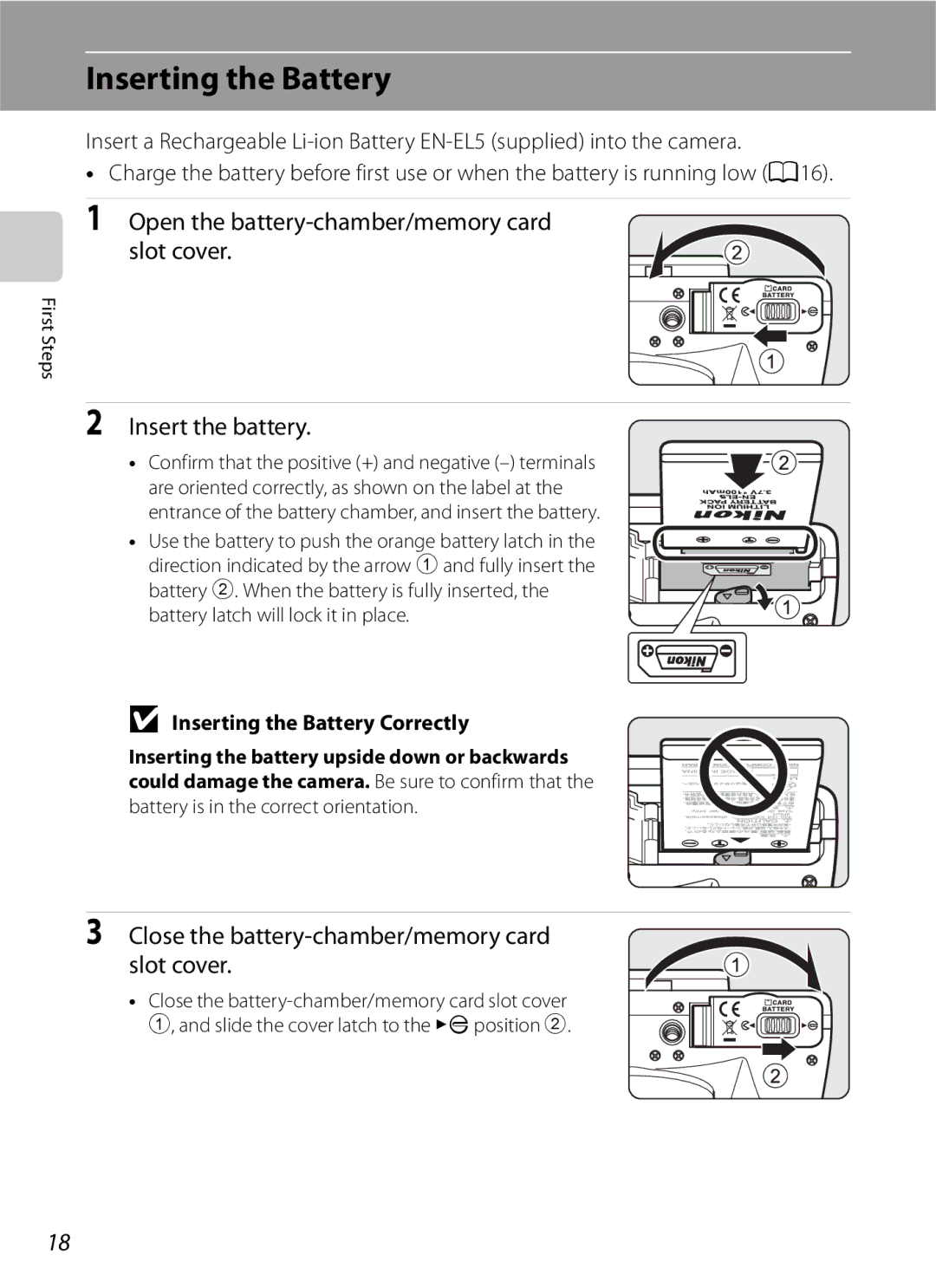 Optima Batteries P90 manual Inserting the Battery, Open the battery-chamber/memory card Slot cover, Insert the battery 