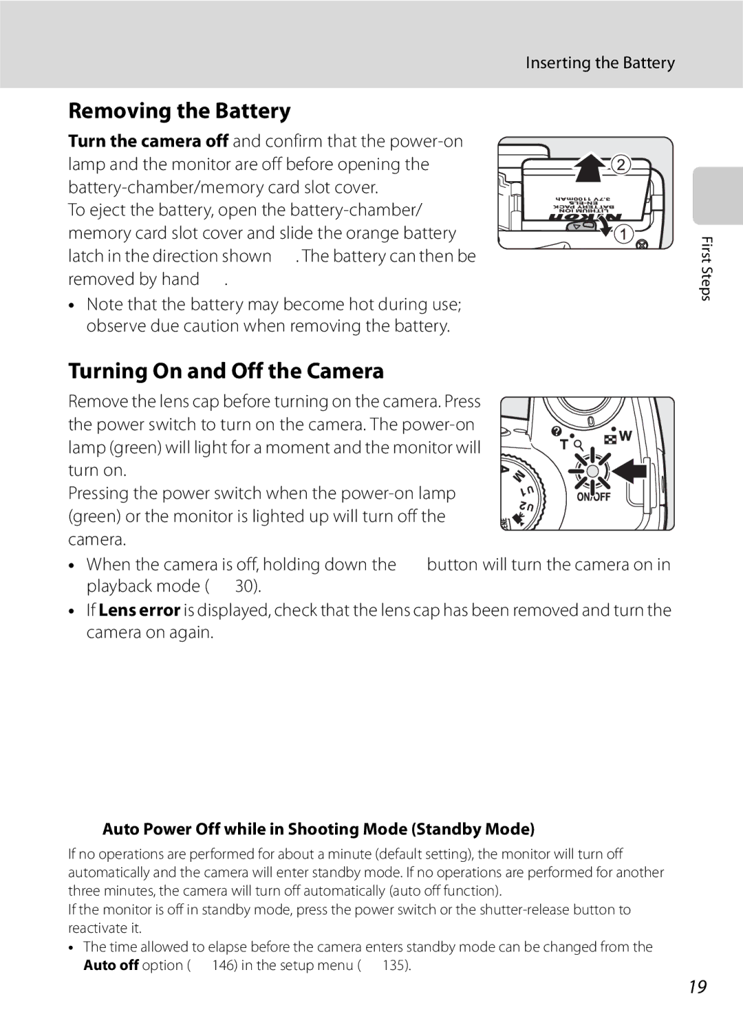 Optima Batteries P90 manual Removing the Battery, Turning On and Off the Camera, Inserting the Battery 