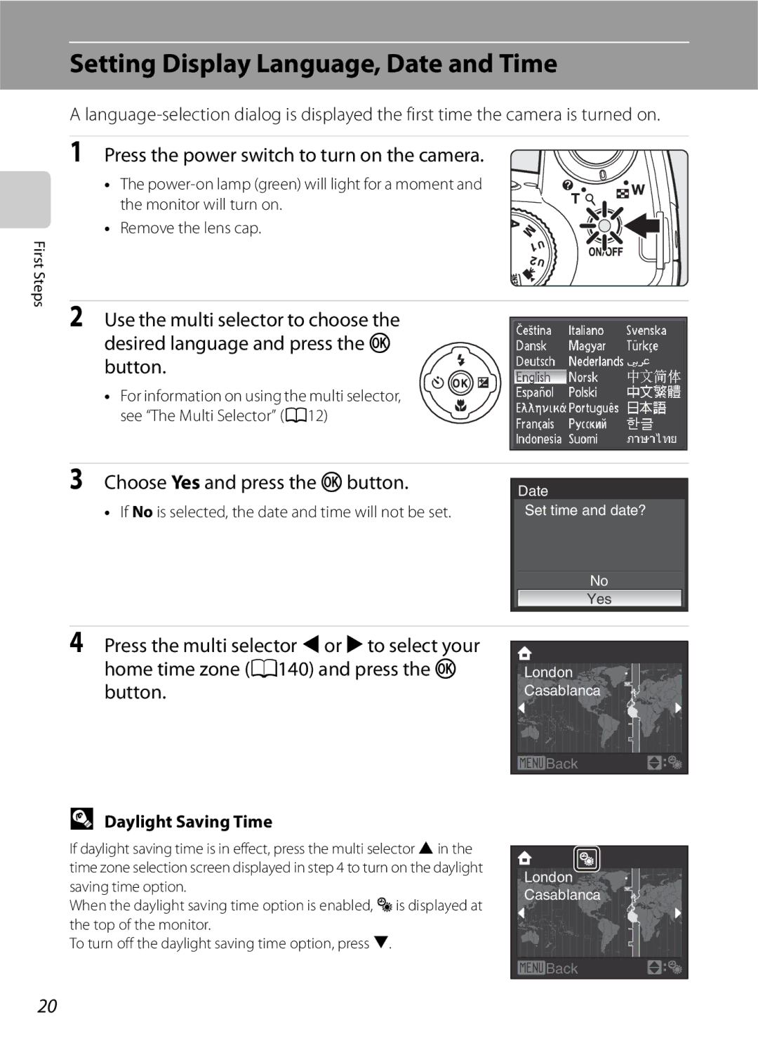 Optima Batteries P90 manual Setting Display Language, Date and Time, Press the power switch to turn on the camera, Button 