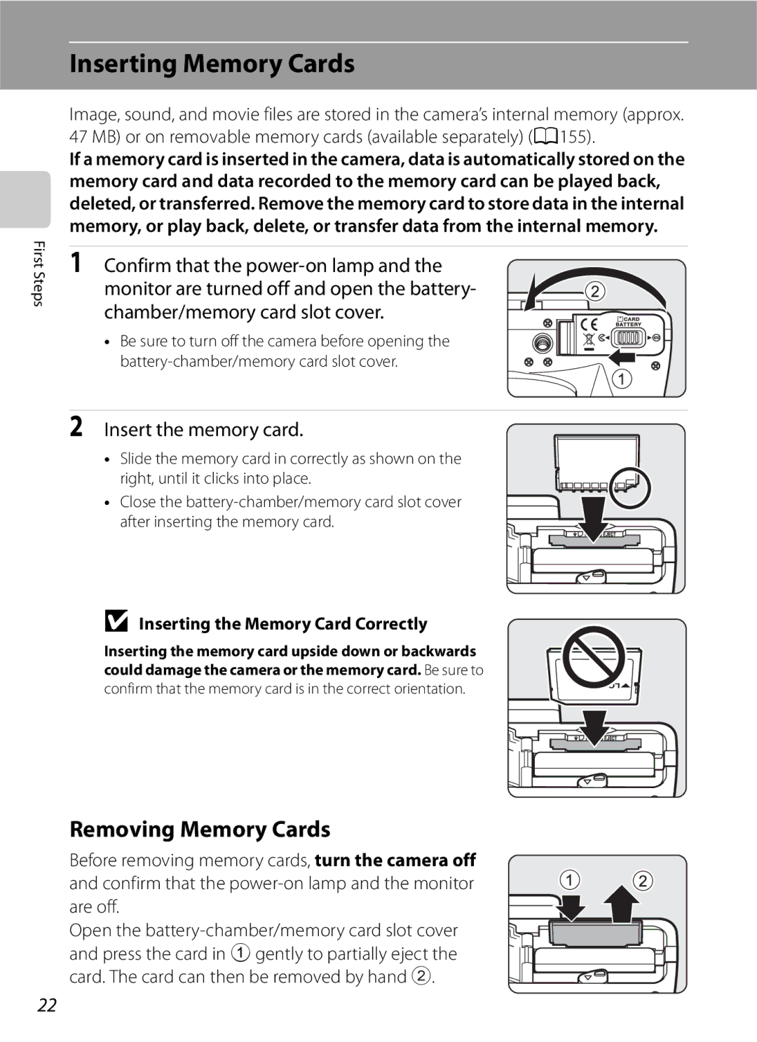 Optima Batteries P90 manual Inserting Memory Cards, Removing Memory Cards, Insert the memory card 