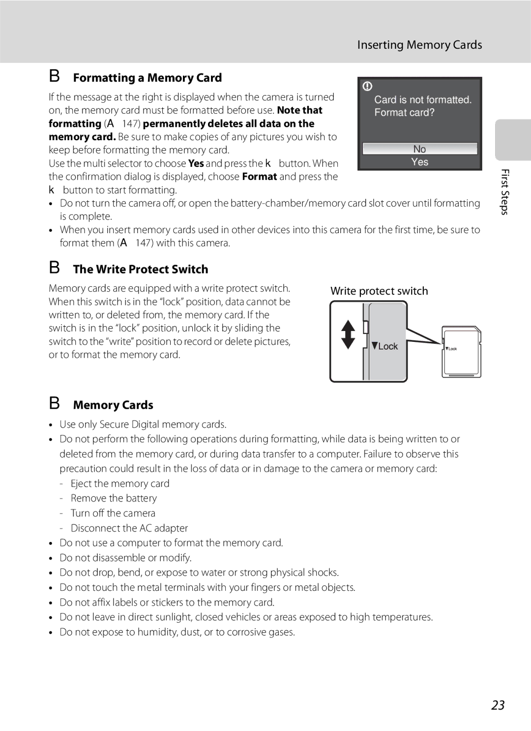 Optima Batteries P90 manual Formatting a Memory Card, Write Protect Switch 