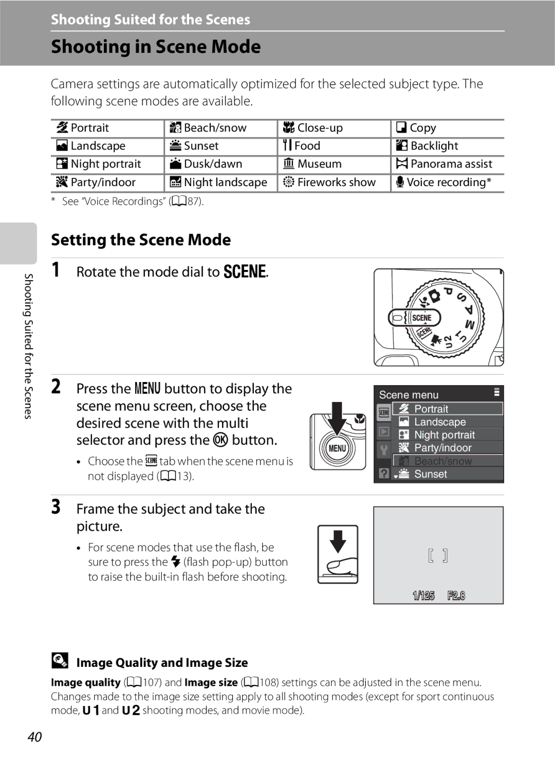 Optima Batteries P90 manual Shooting in Scene Mode, Setting the Scene Mode, Rotate the mode dial to y 