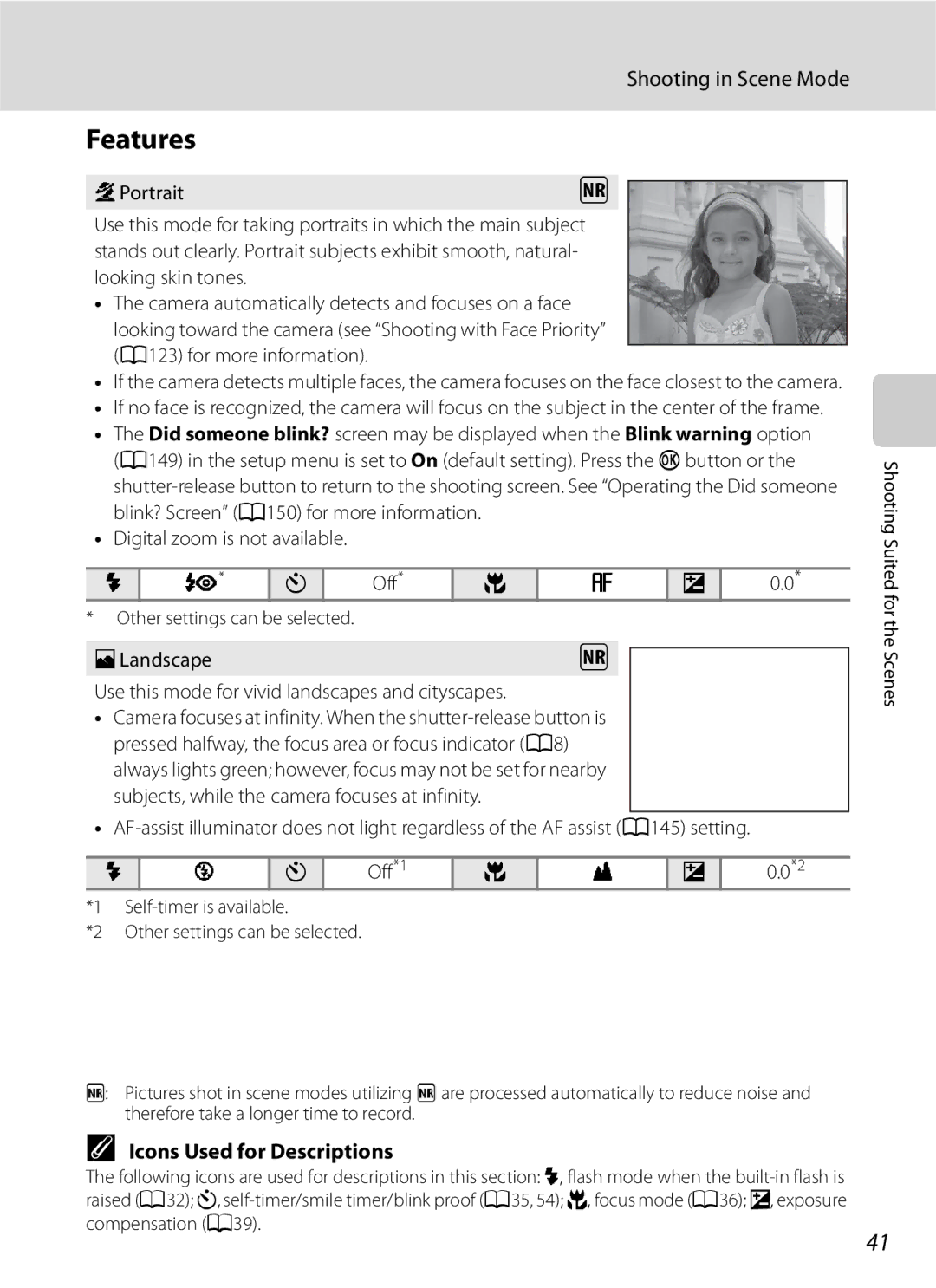 Optima Batteries P90 manual Features, Shooting in Scene Mode, Icons Used for Descriptions 