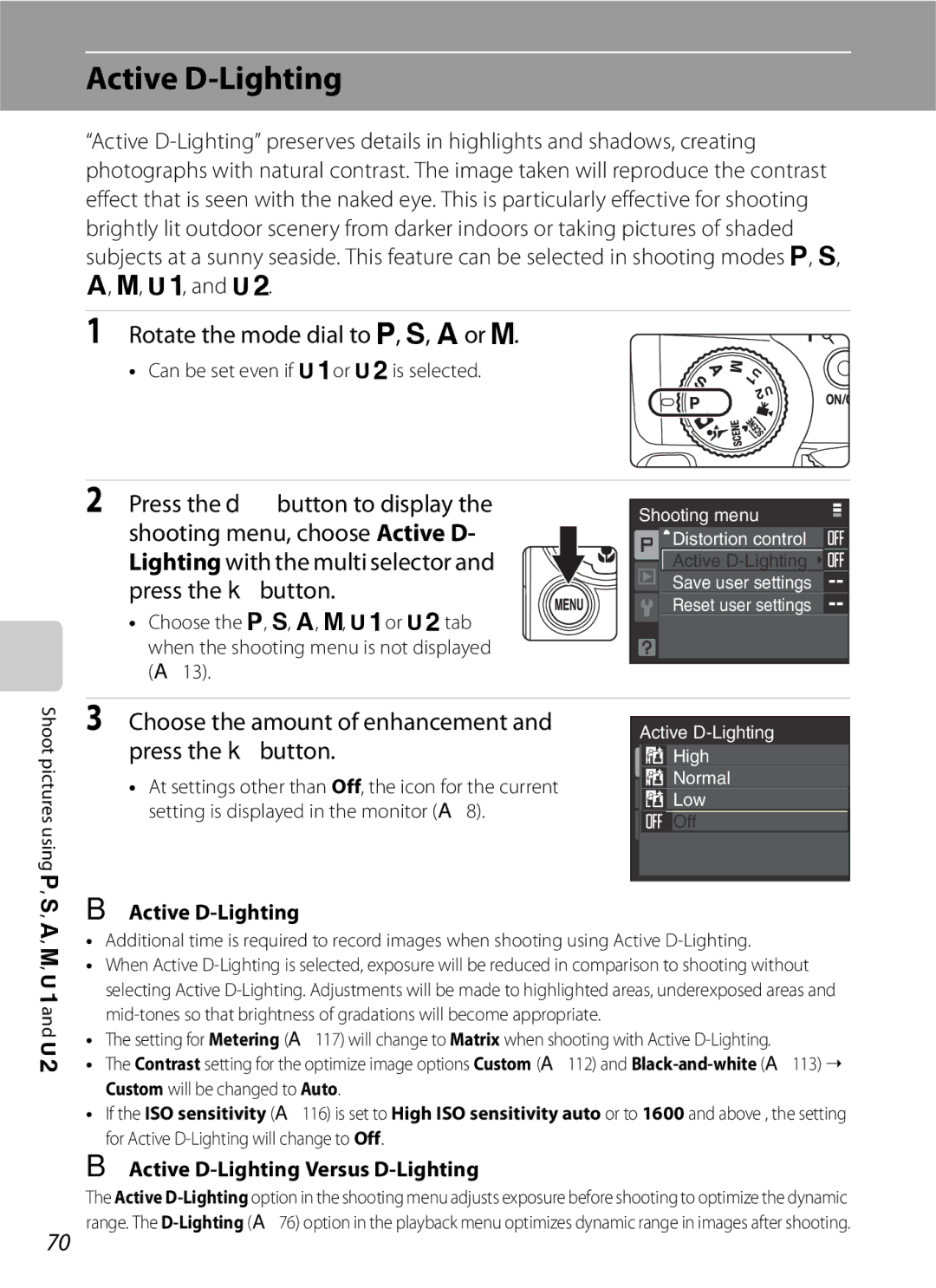 Optima Batteries P90 manual Active D-Lighting, Rotate the mode dial to A, B, Cor D 