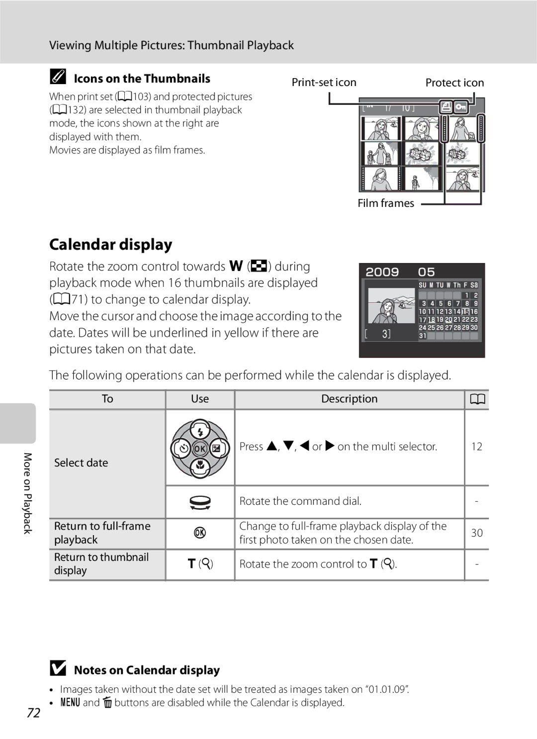 Optima Batteries P90 Calendar display, Viewing Multiple Pictures Thumbnail Playback, Icons on the Thumbnails, Film frames 