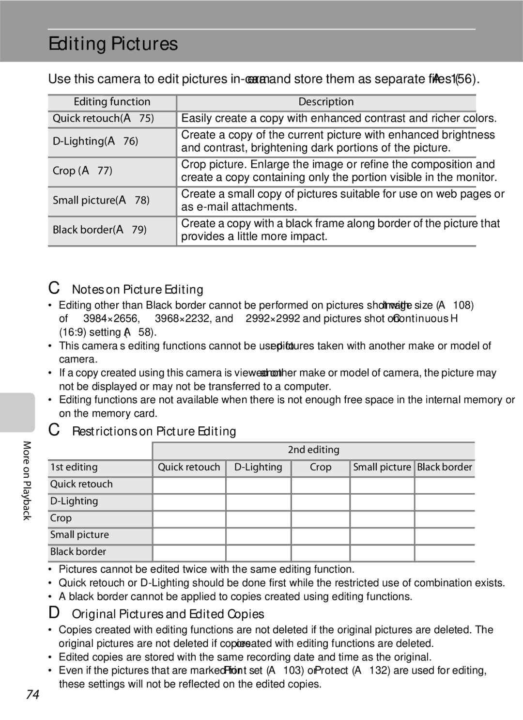 Optima Batteries P90 manual Editing Pictures, Restrictions on Picture Editing, Original Pictures and Edited Copies 