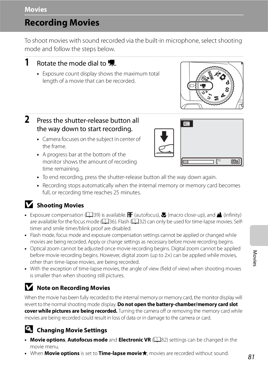 Optima Batteries P90 manual Recording Movies, Shooting Movies, Changing Movie Settings 