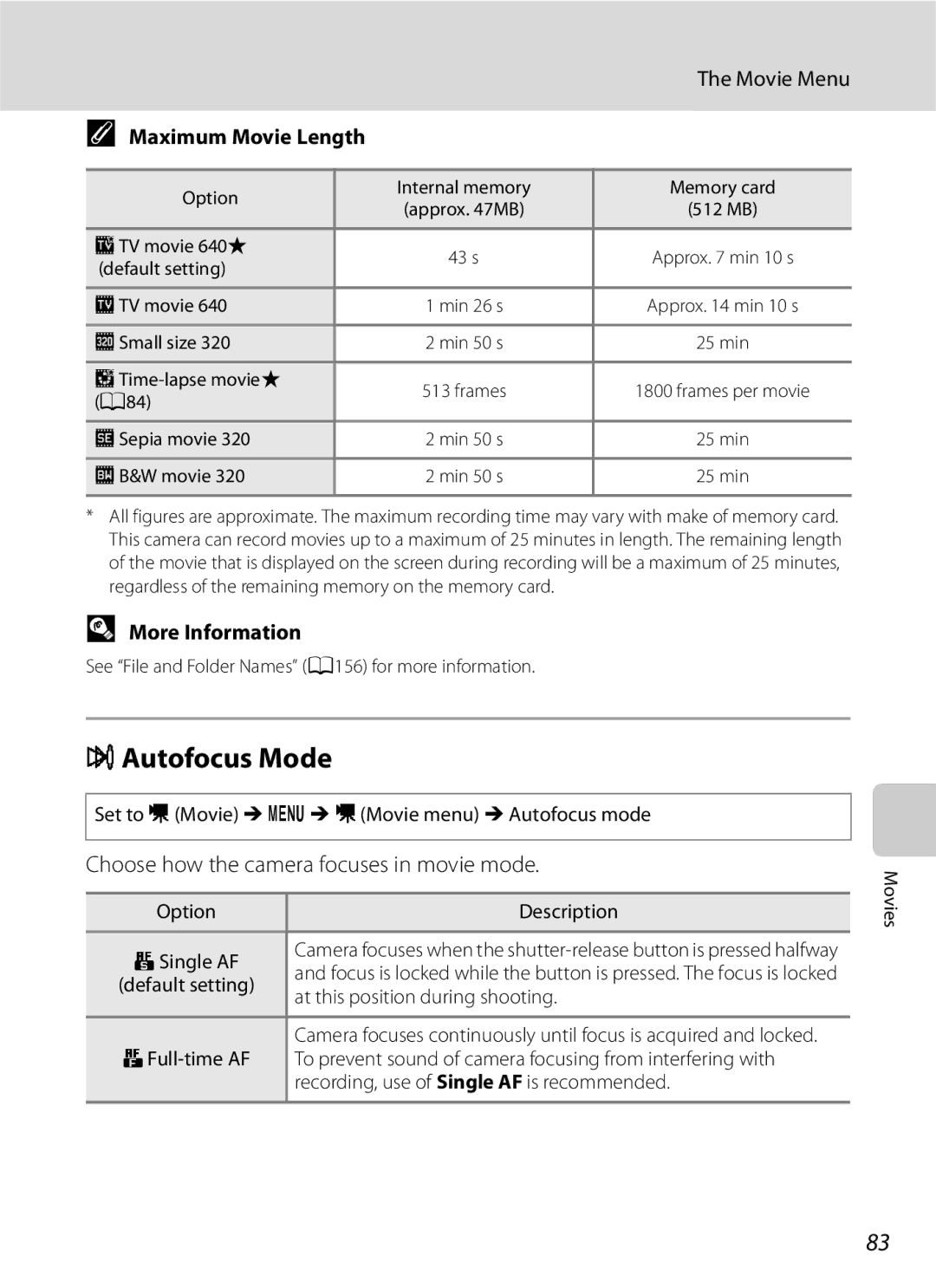 Optima Batteries P90 manual IAutofocus Mode, Movie Menu, Maximum Movie Length, Choose how the camera focuses in movie mode 