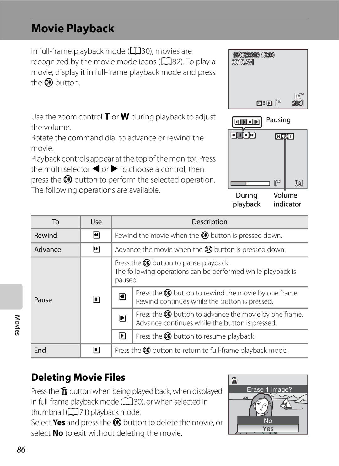 Optima Batteries P90 manual Movie Playback, Deleting Movie Files 