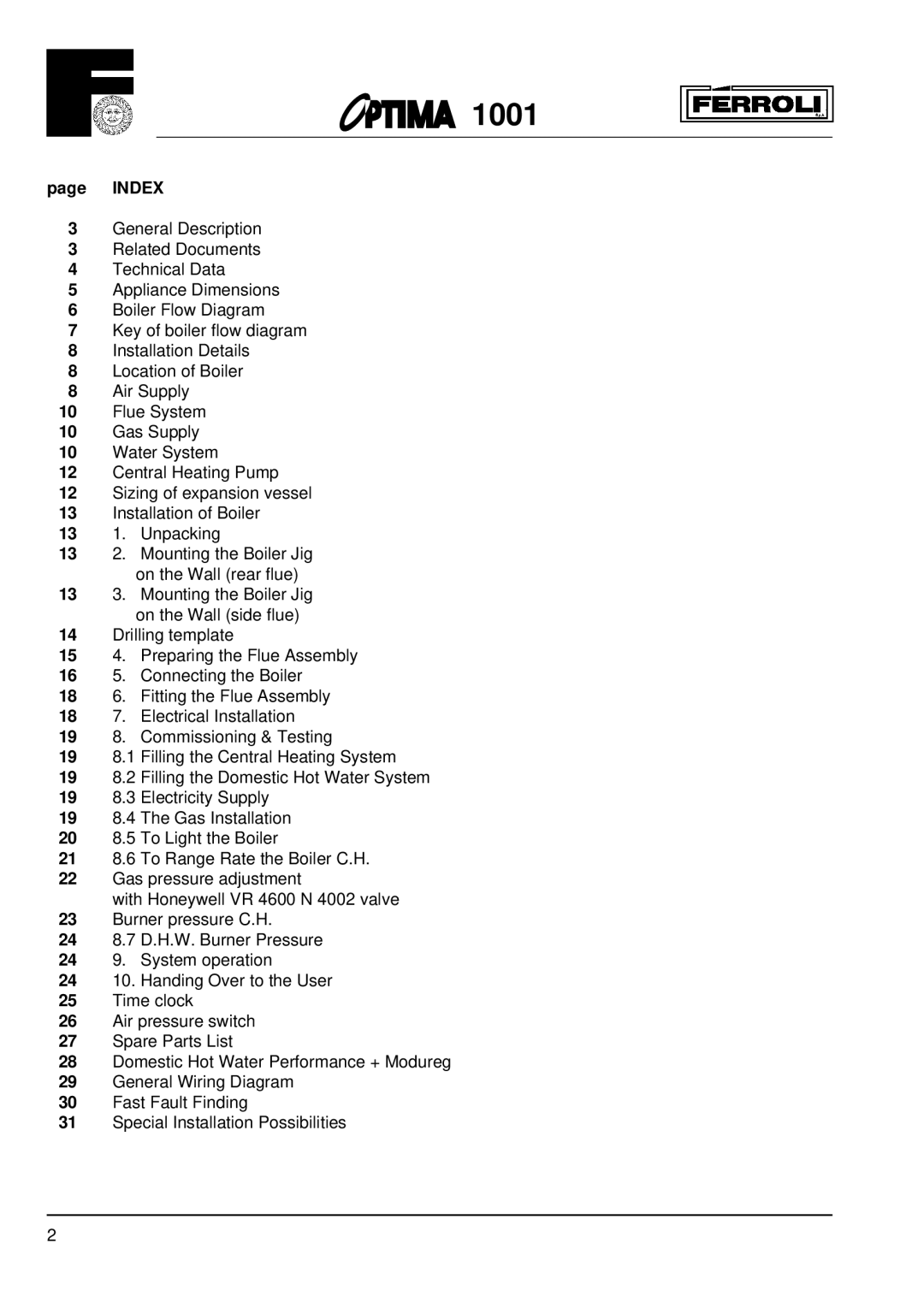 Optima Company 1001 installation instructions Index 